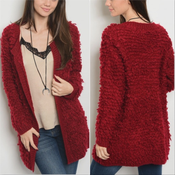 🔴LAST 1🔴 CHIC BURGUNDY FUZZY KNIT COZY CARDIGAN - Picture 2 of 4